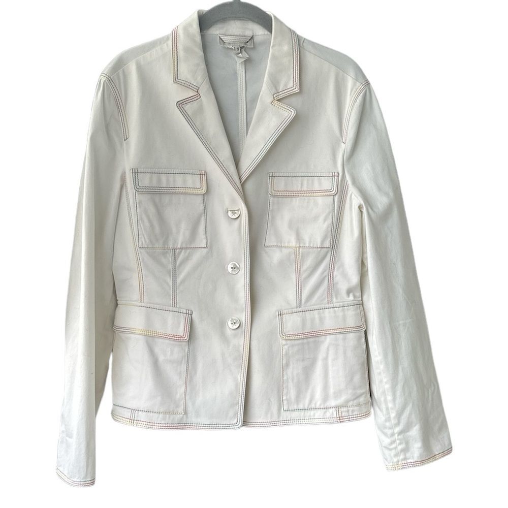 Louis Feraud Paris White Collared Blazer Jacket Rainbow Stitching Size 10